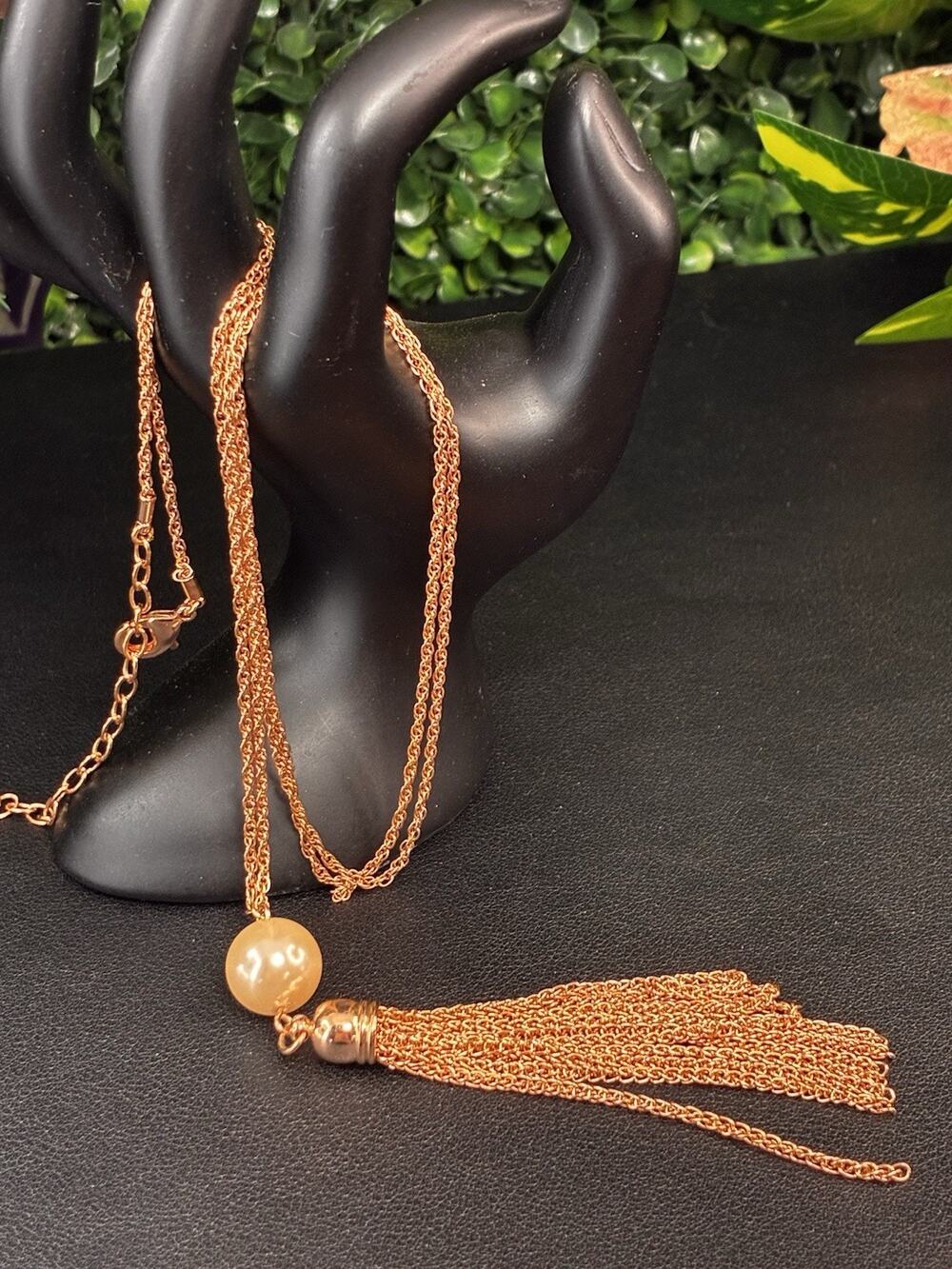 Long Length Gold Chain Tassel Necklace With Pearl Accent